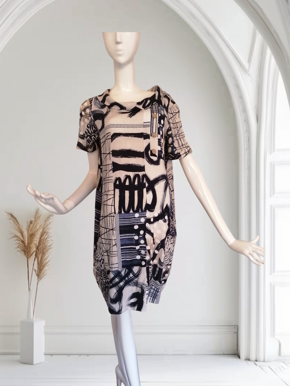 Joseph Ribkoff Black & Cream Graphic Short Sleeve Midi Dress